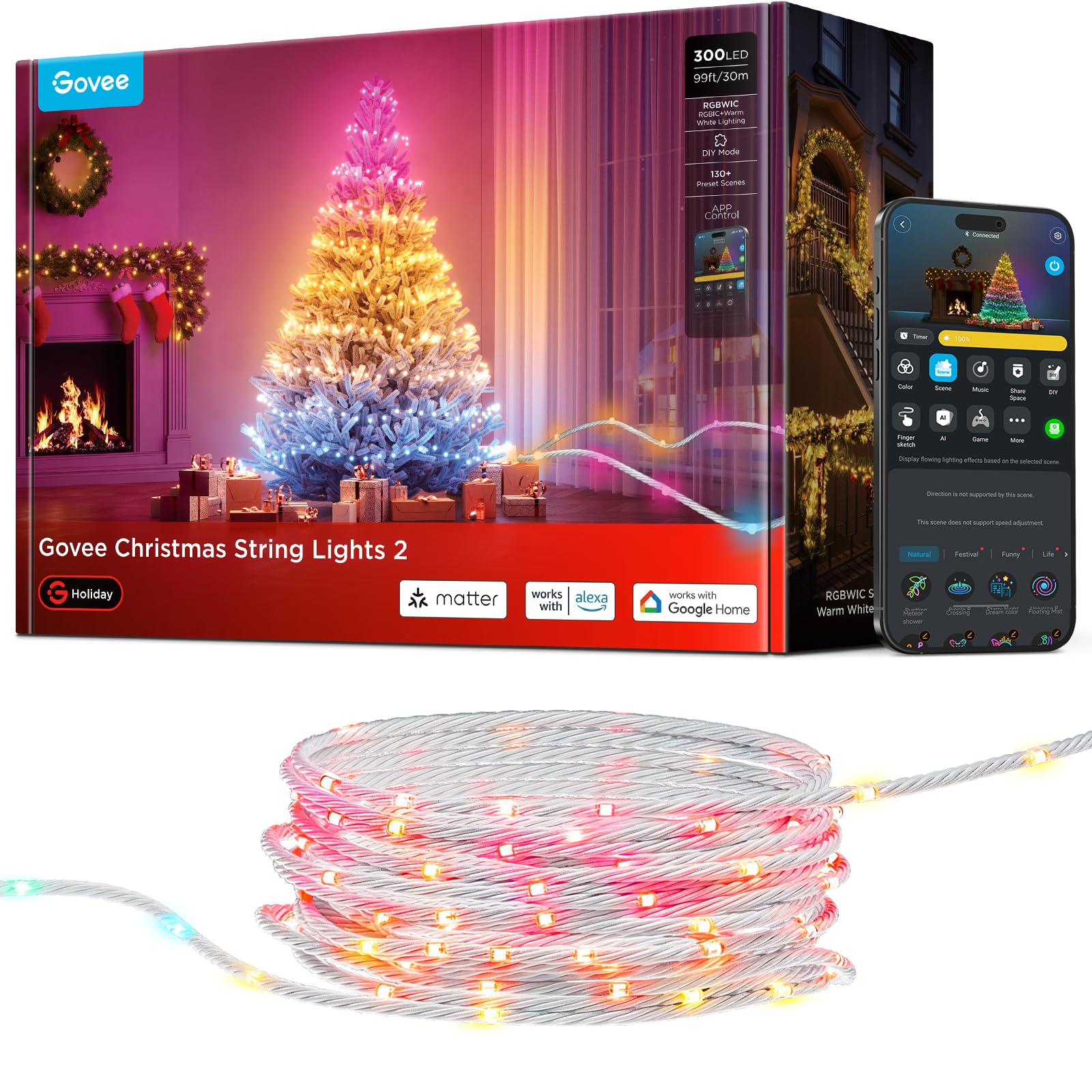 Govee RGBWIC Luces Árbol Navidad 30m, Compatible Alexa, Transparentes | 300 LEDs, 130+ Escenas, Interior/Exterior, Compatible Matter, Mapeo de Formas y AIGC, Decoración para Navidad y Halloween