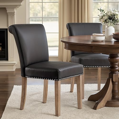 Vista 14 de CHUN YI Juego de 6 sillas de comedor de cuero, sillas laterales tapizadas Parsons para comedor, cocina, restaurante con patas de madera resistentes