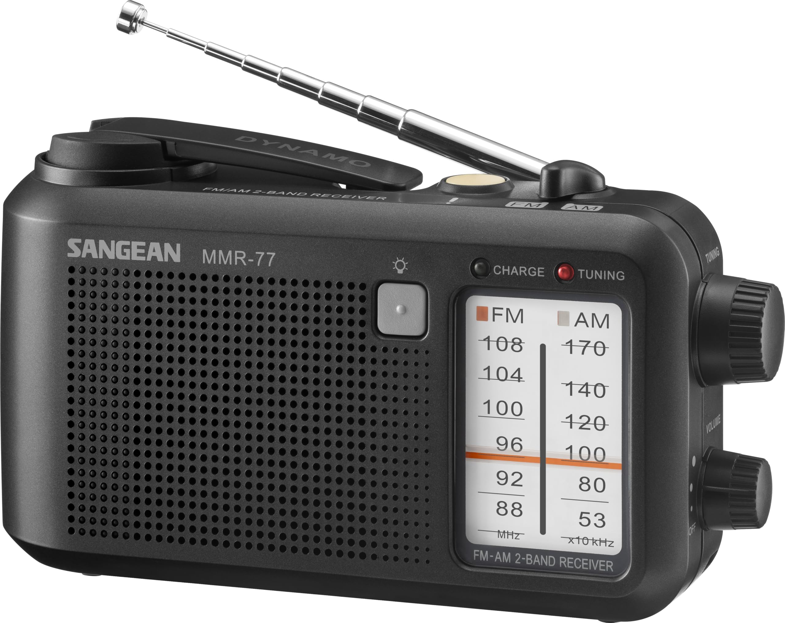 Sangean MMR-77. Radio Am/FM de Emergencia con Varias Opciones de alimentación. Alimentación por dínamo/batería/Adaptador de CA. Dial de sintonización retroiluminado. Indicador LED de Carga