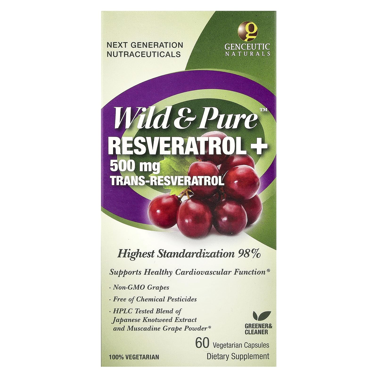 Genceutic Naturals Wild & Pure Resveratrol - 500mg, Trans 60 Vegetarian 126836