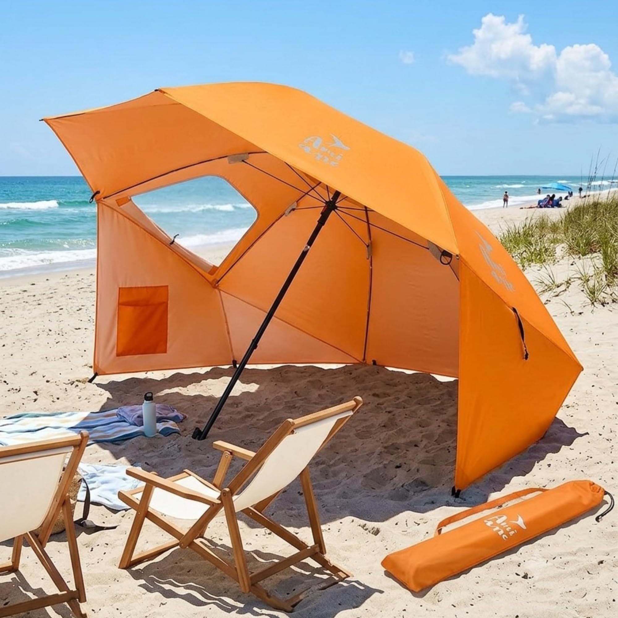 Sombrilla Playa Grande 240cm Antiviento – 3 en 1: Sombrilla, Carpa y Refugio con Paredes | Protección UV50+ (97%). Impermeable y trasnpirable - Incluye Bolsa de Transporte (Naranja)
