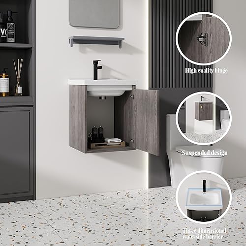 Miniatura 227 de Tocador de baño de 20 pulgadas con lavabo de cerámica, tocador de baño pequeño montado en la pared con puerta de cierre suave, gabinete flotante