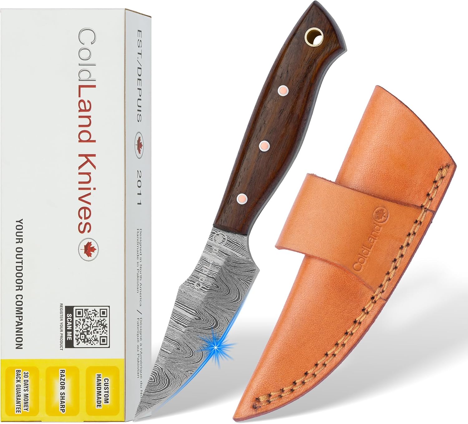 ColdLand Skinning Knife - 6.37 Inch Full Tang Damascus Knife with Rose Wood Handle - Fixed Blade Hunting Knives with Leather Sheath for Camping, Hiking & EDC - NMK01
