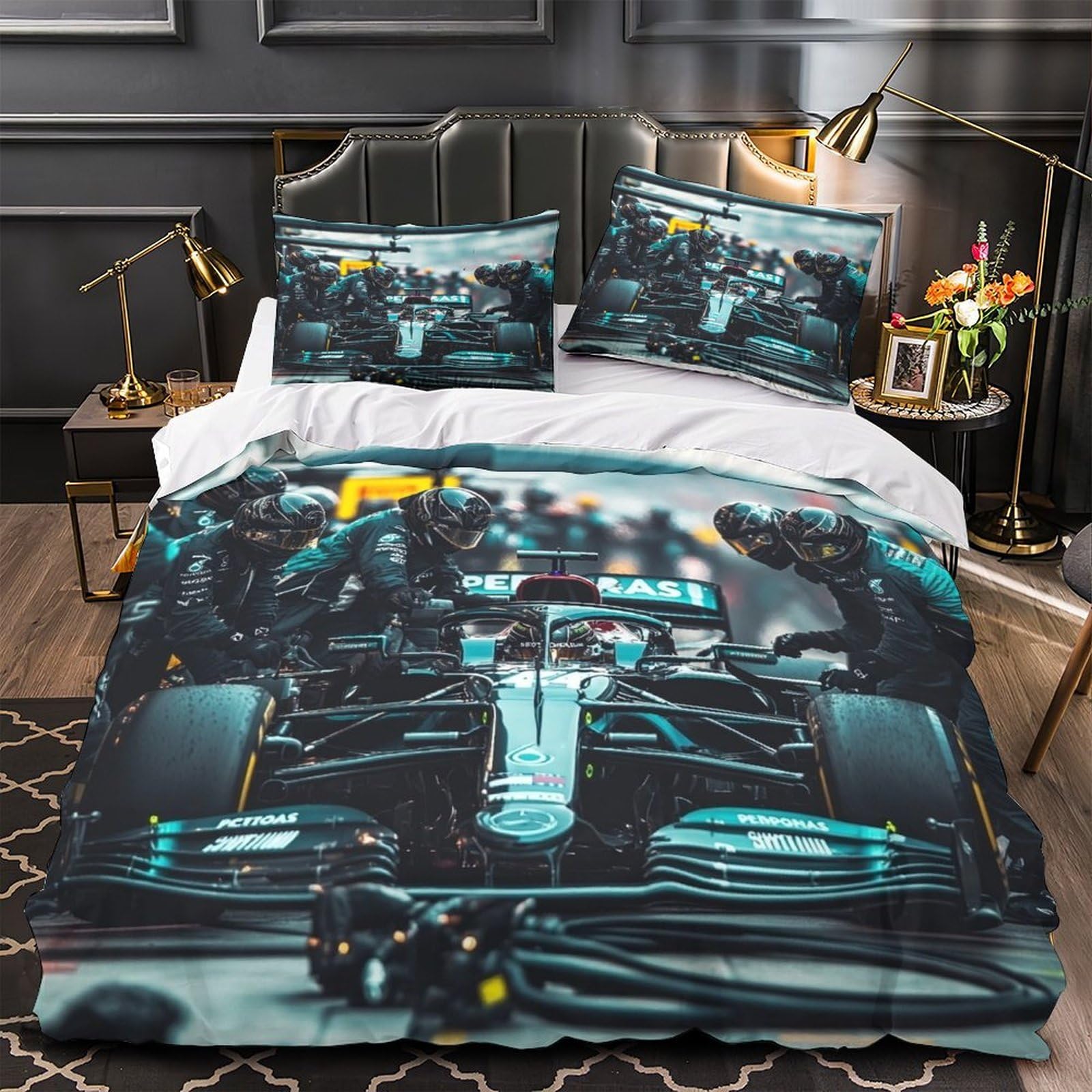 DAFUfbw Washable Formulaa Racing Quilt Cover With Hidden Zipper Duvet Set with Pillowcases Soft Microfiber Super King（260x220cm） Pit Stop Bedding Set