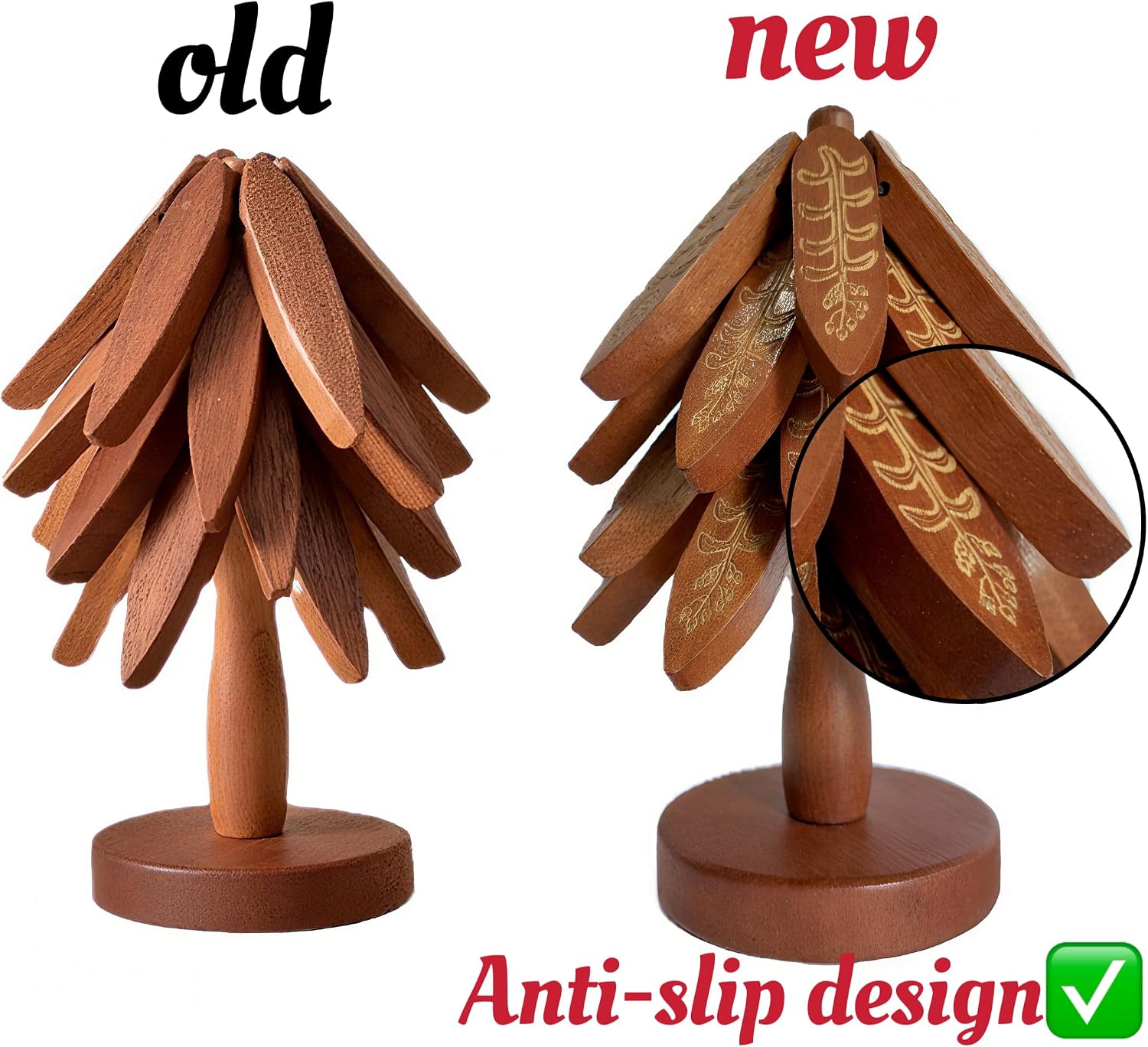Wooden Trivets for Hot Dishes, Tree Shape Trivet Set, 4 Walnut Wood + 1 Stand stored Like a Christmas Tree,Foldable Kitchen Wooden Trivet,for Hot Dishes、Pot、Bowl、Teapot(Walnut Wood), Non-Slip Design image 2