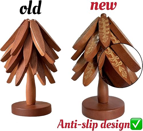Miniatura 2 de Salvamanteles de madera para platos calientes, juego de salvamanteles en forma de árbol, 4 madera de nogal + 1 soporte almacenado como un árbol de