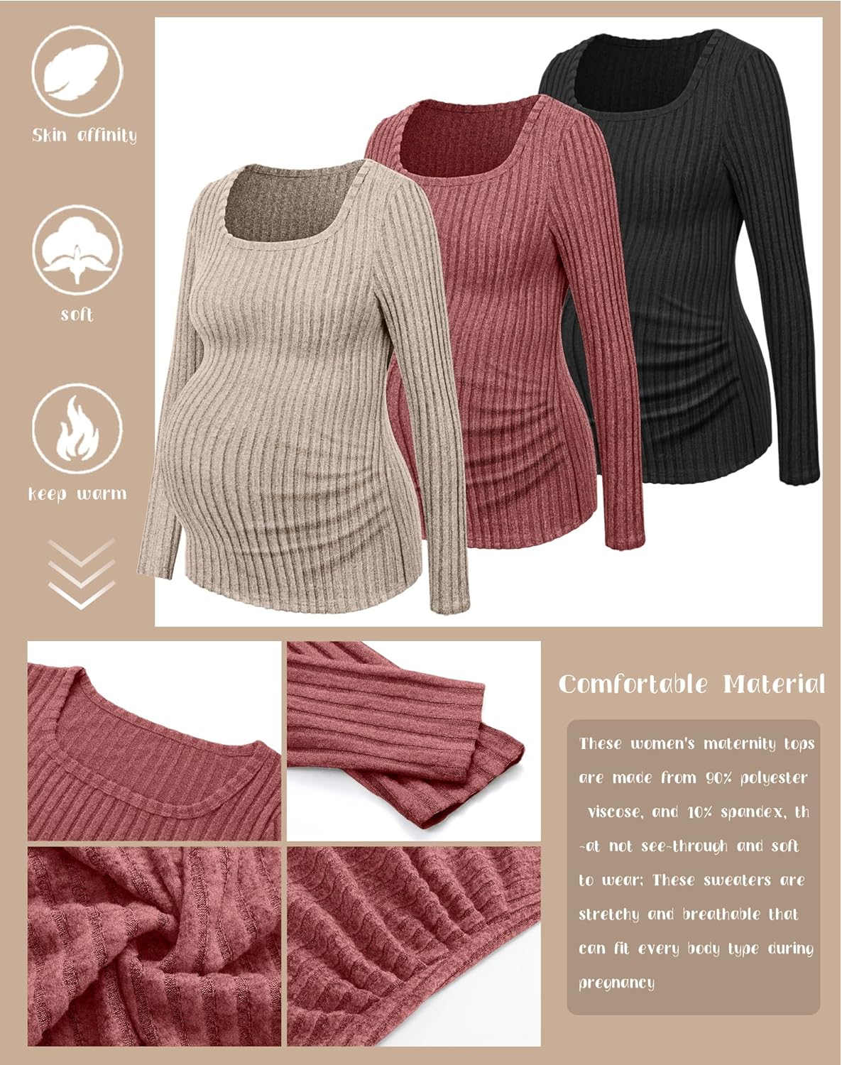 Ficerd 3 Pack Women's Maternity Tops, Long Sleeve Pregnancy Sweaters Scoop Neck Ribbed Knit Casual Pregnant Tee Shirts - Image 4