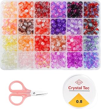 520 Pcs Glass Beads, 8mm Crystal Gemstone Beads for Bracelet Making with Solid Stretch Cord and Scissor, 24 Color Round Bracelet Bead Gift for DIY Crafts, Jewelry Making (Warm-Tones)