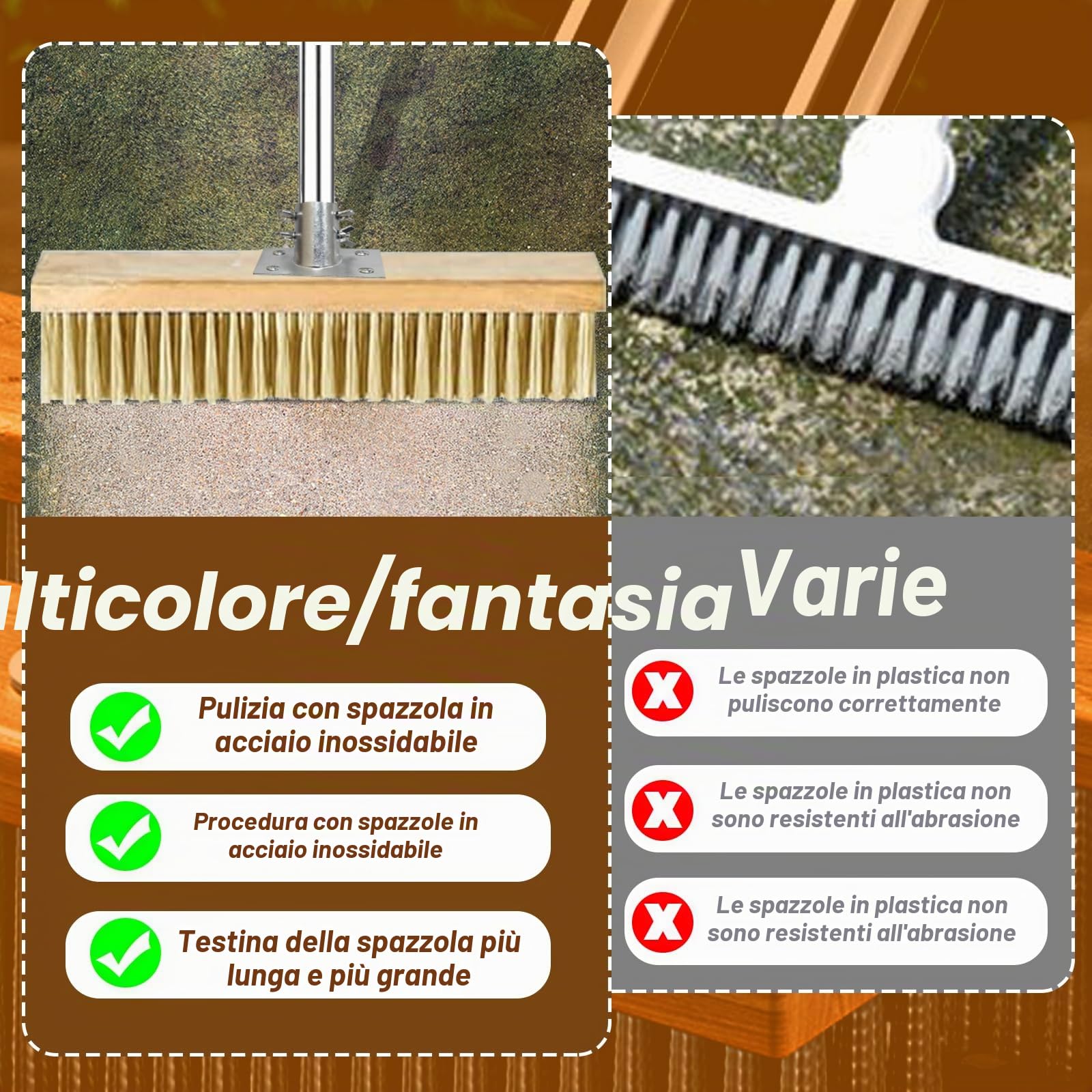Scopa a Fili d'Acciaio con Manico Telescopico (150 cm) | Scrubber Robusto per Terrazza e Pietre | Rimuove Erbacce, Muschio e Alghe | Scopa da Giardino