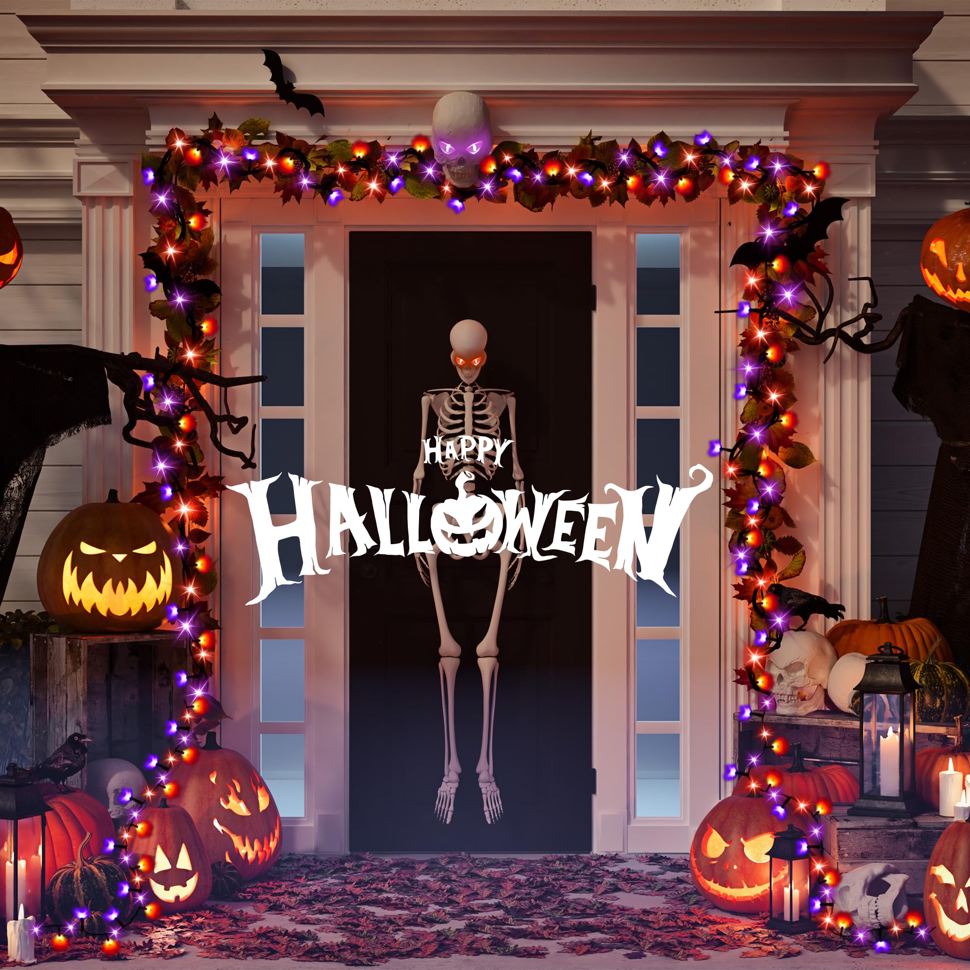Flechllary - Confezione da 400 luci solari per Halloween, 400 LED, arancioni e viola, luci solari per esterni, con 8 modalità, impermeabili, per patio, giardino, feste, cortile, decorazione