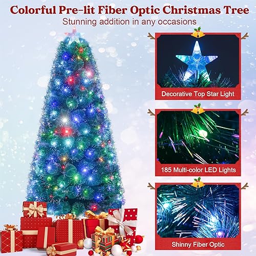 Miniatura 6 de HAPPYGRILL Árbol de Navidad de fibra óptica preiluminado de 6 pies, árbol de Navidad artificial con 185 luces LED multicolor, agujas de pino nevado