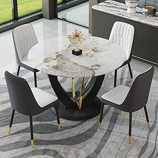 JUFU Round Dining Table Set for 4, 48" Dining Room Table with Faux Marble Tabletop and 4 Upholstered Chairs,Modern Round Kitchen Table Chairs Set for Dinning Room, Living Room, Cafe, Restaurant