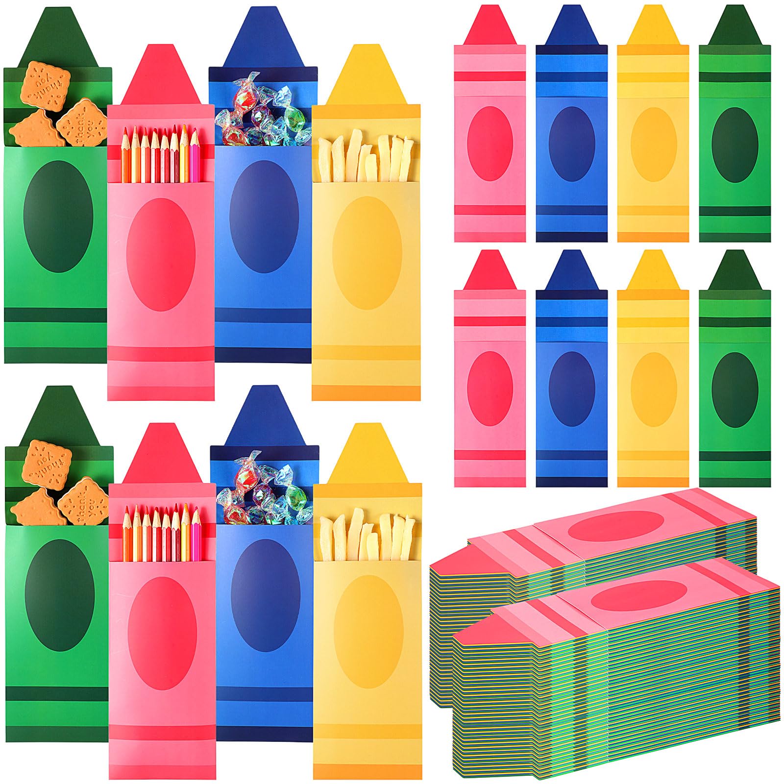 Sinload 100 Pcs back to school treat bags crayon candy Shaped Birthday Snack Bags Teacher First Day of School for Kids Pencil Shaped Case for