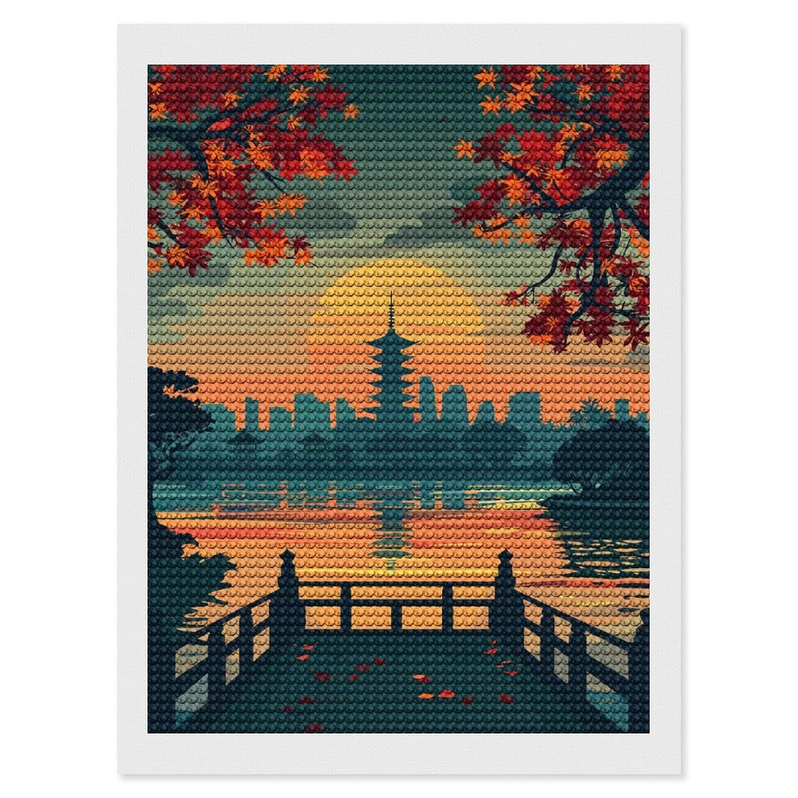 Junmoney Japanese Pagoda Sunset Landscape Illustration Diamond Art Kit 12"x16", Relaxing DIY Hobby, Satisfying Creative Project, Living Room Decor, for Women