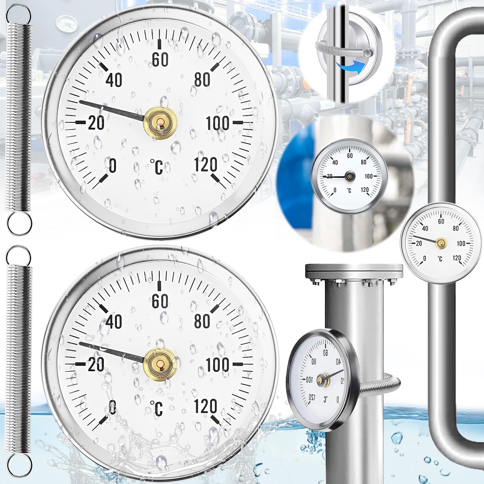 2 Stück Rohrthermometer Heizungsrohr, Rohrthermometer rostfreiem Stahl, Temperaturanzeige mit Clip-On 0-120 ℃, Tragbares Rohrleitungs Thermometer, Überwachung Rohrtemperatur (mit 2 Federn)