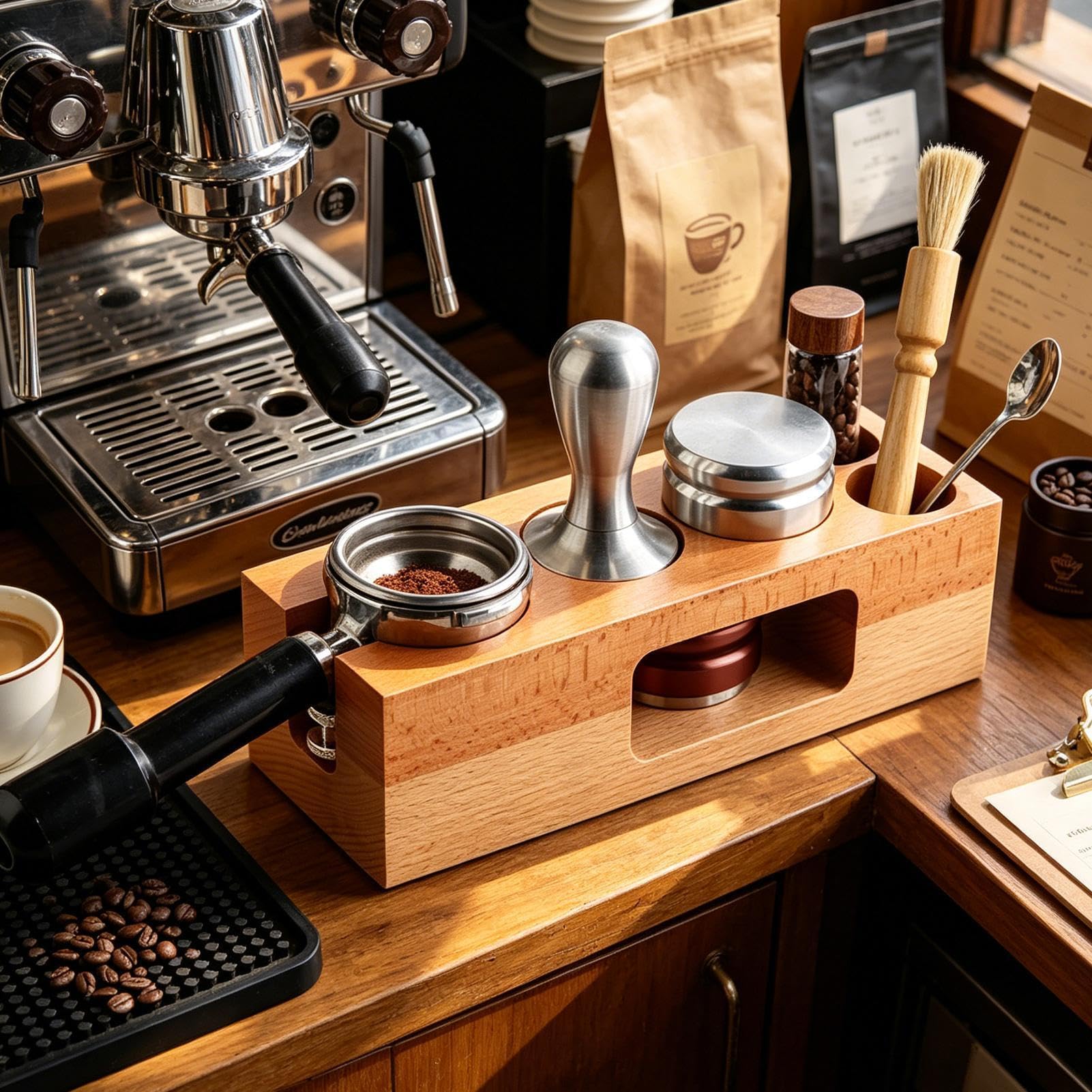 Estación espresso Organizador Multifuncional en Madera Natural 58 mm | Accesorios para Barra de Espresso Para Organización Diaria Matutina Para Preparación Y Almacenamiento En Esquina Cocina