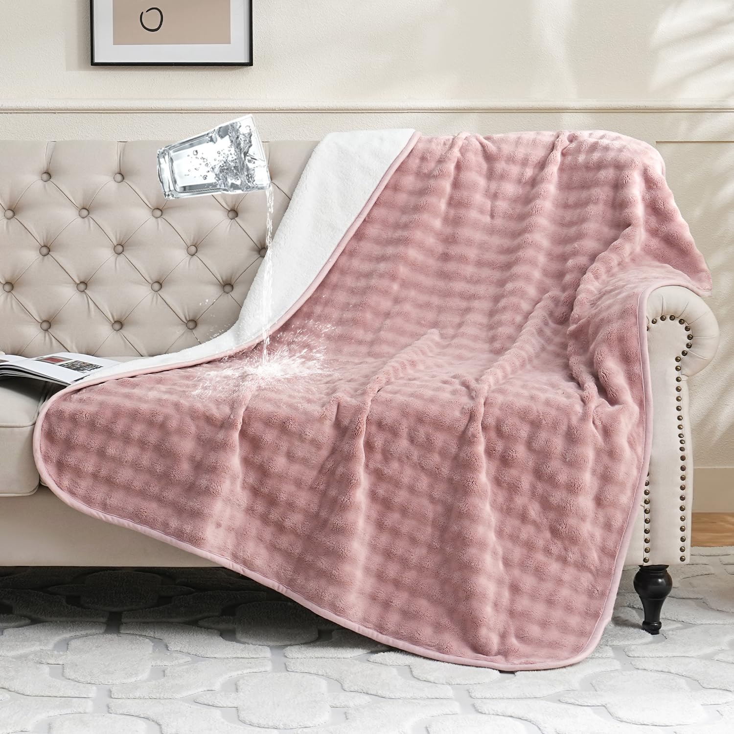 Yaning Waterproof Blanket for Bed Couch Sofa Car, Soft Leakproof Dog Blanket with 3D Bubble Pattern, Reversible Water Proof Pet Blankets for Dogs Cats Puppies (152x203cm, Dusty Pink)