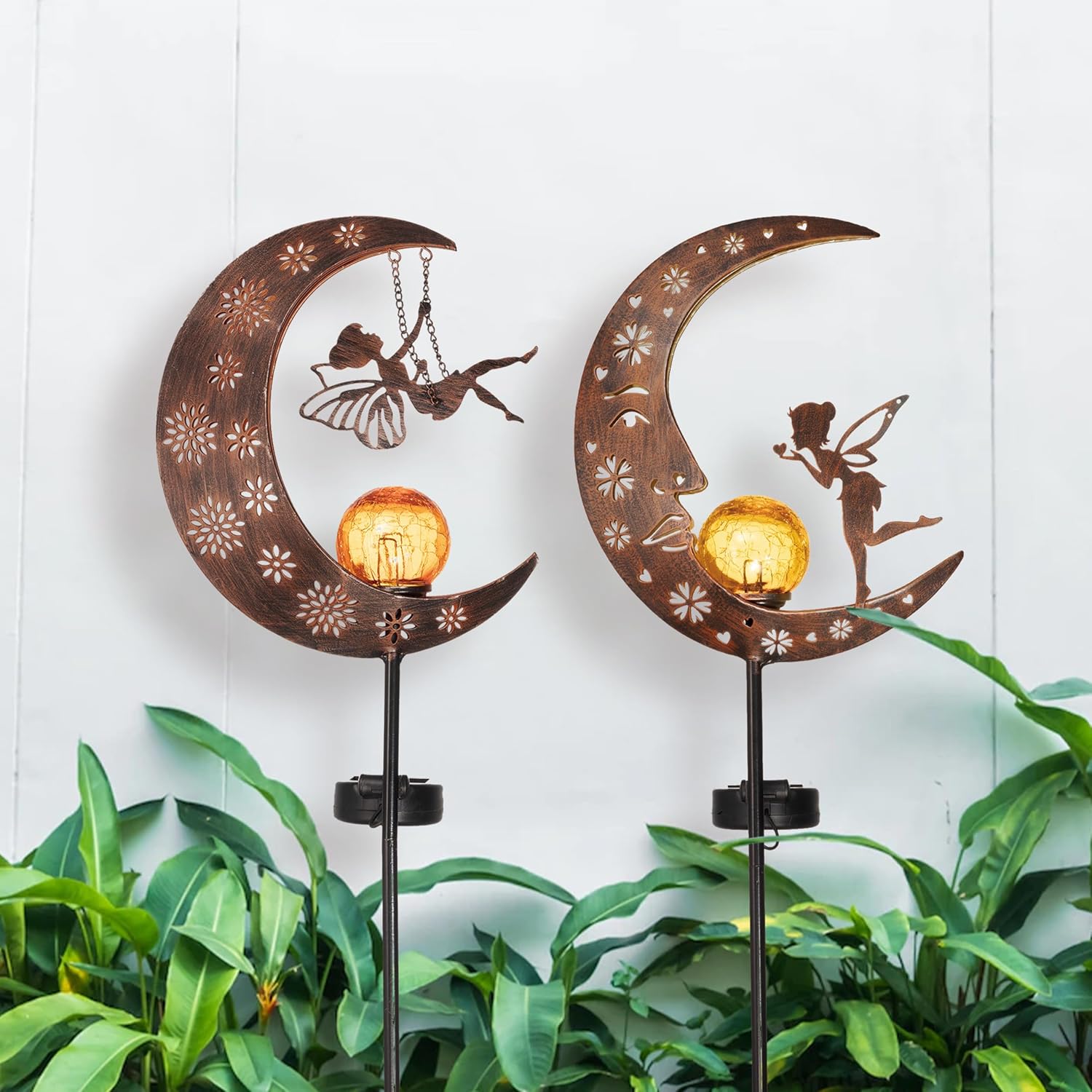 TERESA'S COLLECTIONS 2 Pcs Fairy Moon Garden Accessories for Yard Decorations Outdoor, Solar Lights for Garden Decor Outside, 40" Metal Yard Stake Pathway Lights for Patio, Gift for Christmas