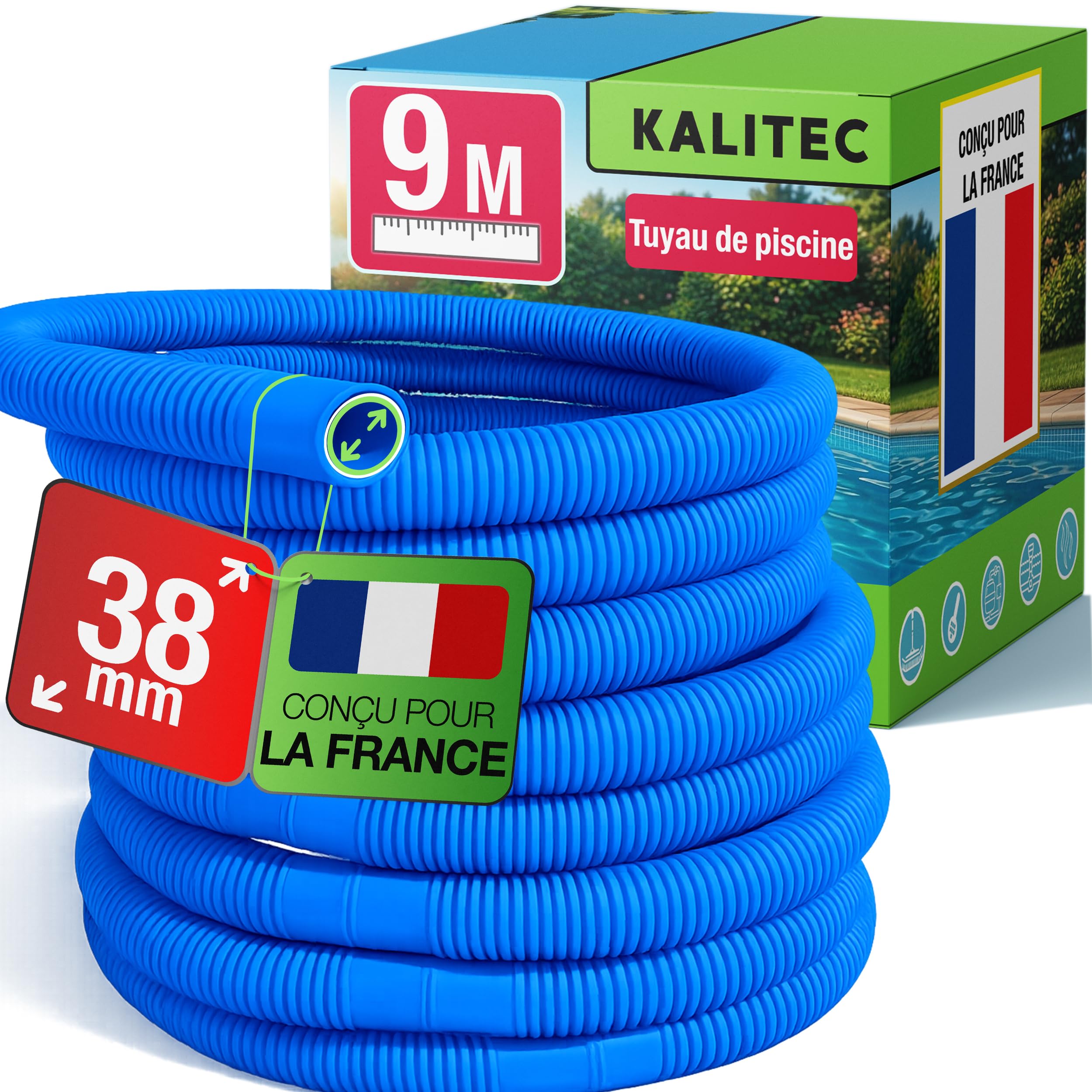 Kalitec Tuyau de piscine 38mm 9m bleu – Flexible & démontable – Raccord pour pompe, Skimmer & filtre à sable – Tuyau de pompe 38 mm Diamètre intérieur