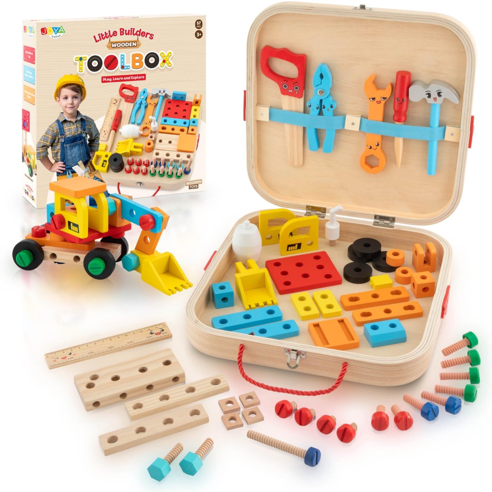 Set di 57 cassette degli attrezzi in legno, banco da lavoro giocattolo a partire dai 5 anni, per la costruzione di veicoli, attrezzi per bambini inclusi, multicolore