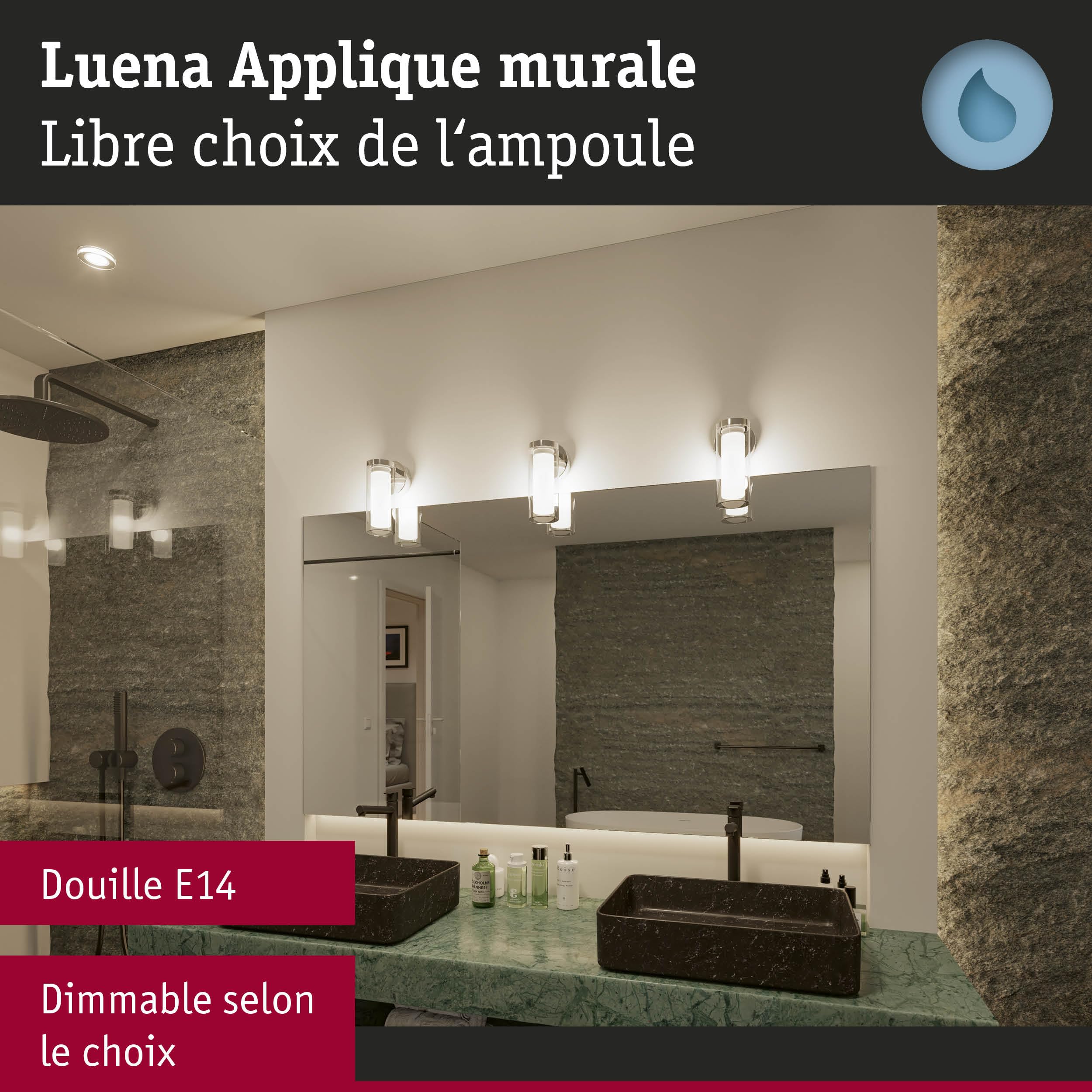 Paulmann 71076 Applique Selection Bathroom Luena IP44 E14 230V max. 20W gradable Chrome, Verre luminaire de salle de bain une flamme