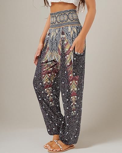 Miniatura 9 de QIANXIZHAN - Pantalones harén para mujer, pantalones bohemios de yoga con cintura alta y bolsillos