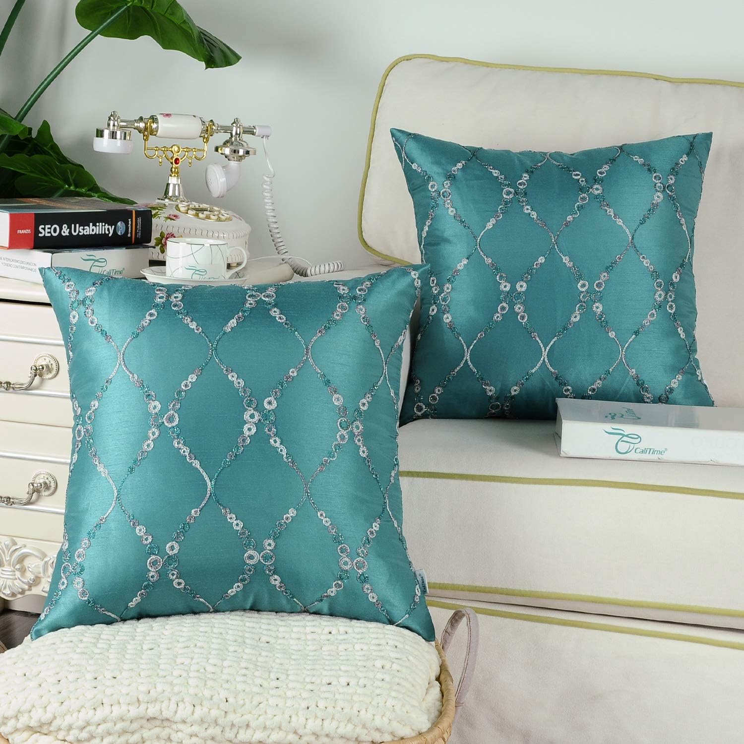 CaliTime Pack of 2 Cushion Covers Throw Pillow Cases Shells for Sofa Couch Home Decoration Modern Gradient Rings Waves Lines Geometric Chain Embroidered 18 X 18 Inches Teal