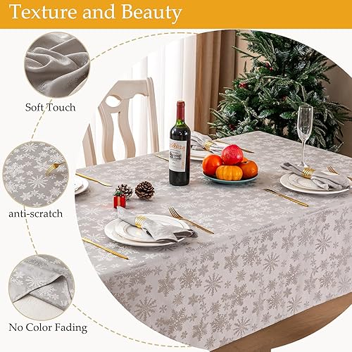 Miniatura 3 de Mebakuk Mantel de jacquard de Navidad impermeable con patrón floral de damasco, resistente, lavable, sin arrugas, para cena o uso diario (gris