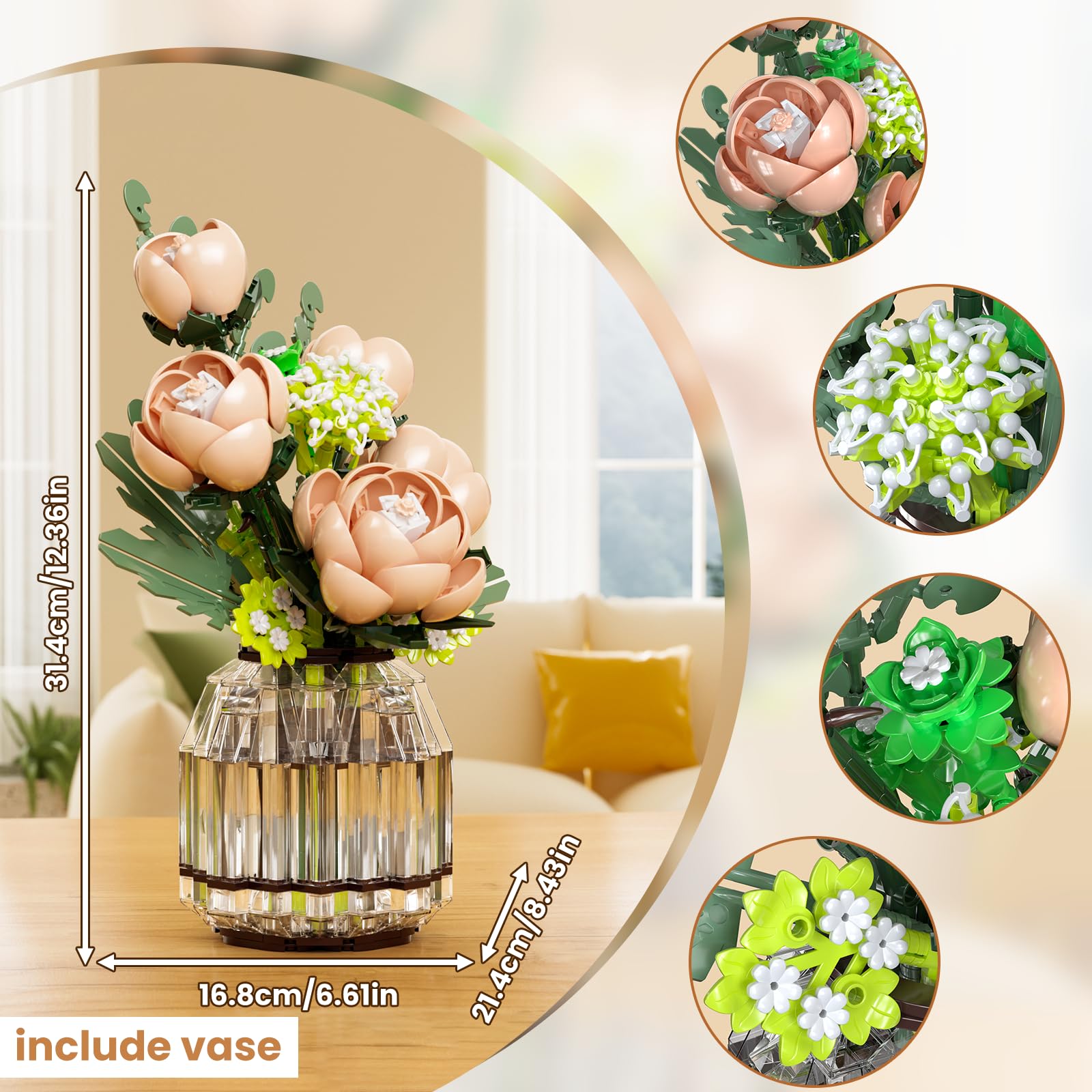 Mould King 24109 Klemmbausteine Blumen Rosa Rosen Blumen Bausteine mit Vase Pflanzen Bausteine Botanical Collection Geschenk für Erwachsene (981 Teile)