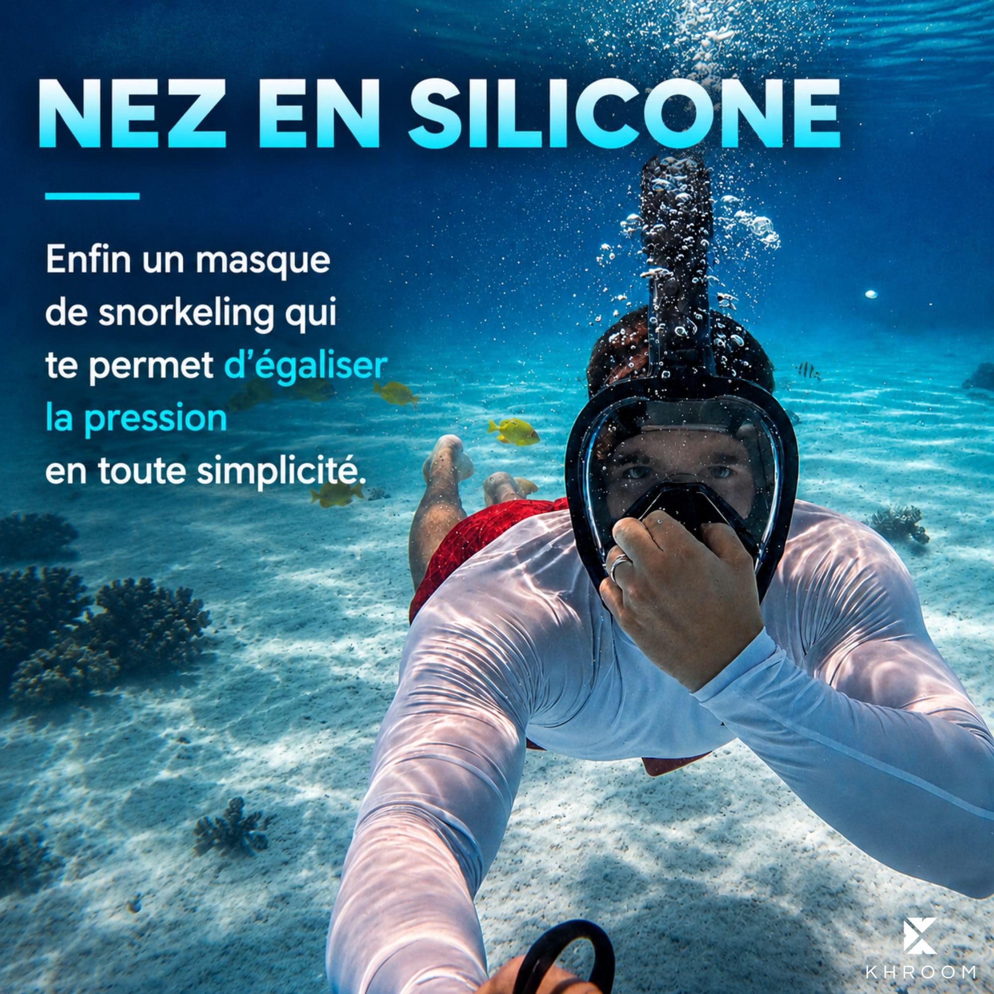 Khroom Masque Intégral de Plongée Adulte Équilibrage Seaview Pro Plus | CO2 testé sûr | Poche nasale en silicone | Vision panoramique 180° | Système Dry-Top anti-eau | Support caméra inclus