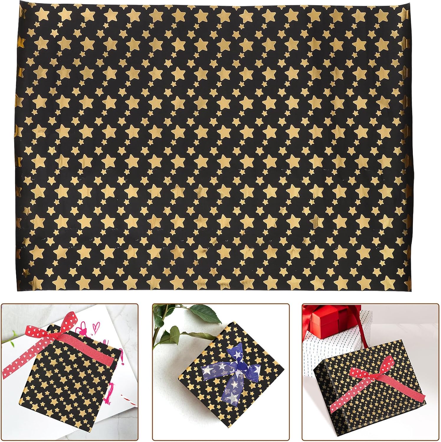 Gadpiparty Metallic Star Wrapping Paper Black Gold Foil 50x70cm Thick Decorative Packaging Paper for Flower Bouquets Holiday Presents
