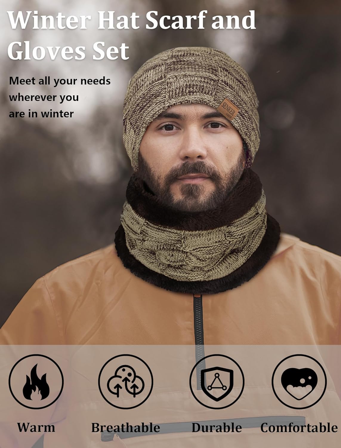 Senker Fashion Winter Hats Scarf and Gloves Set for Men Women, Slouchy Beanie Cap Neck Warmer Screen Touch Gloves Gifts - Image 6