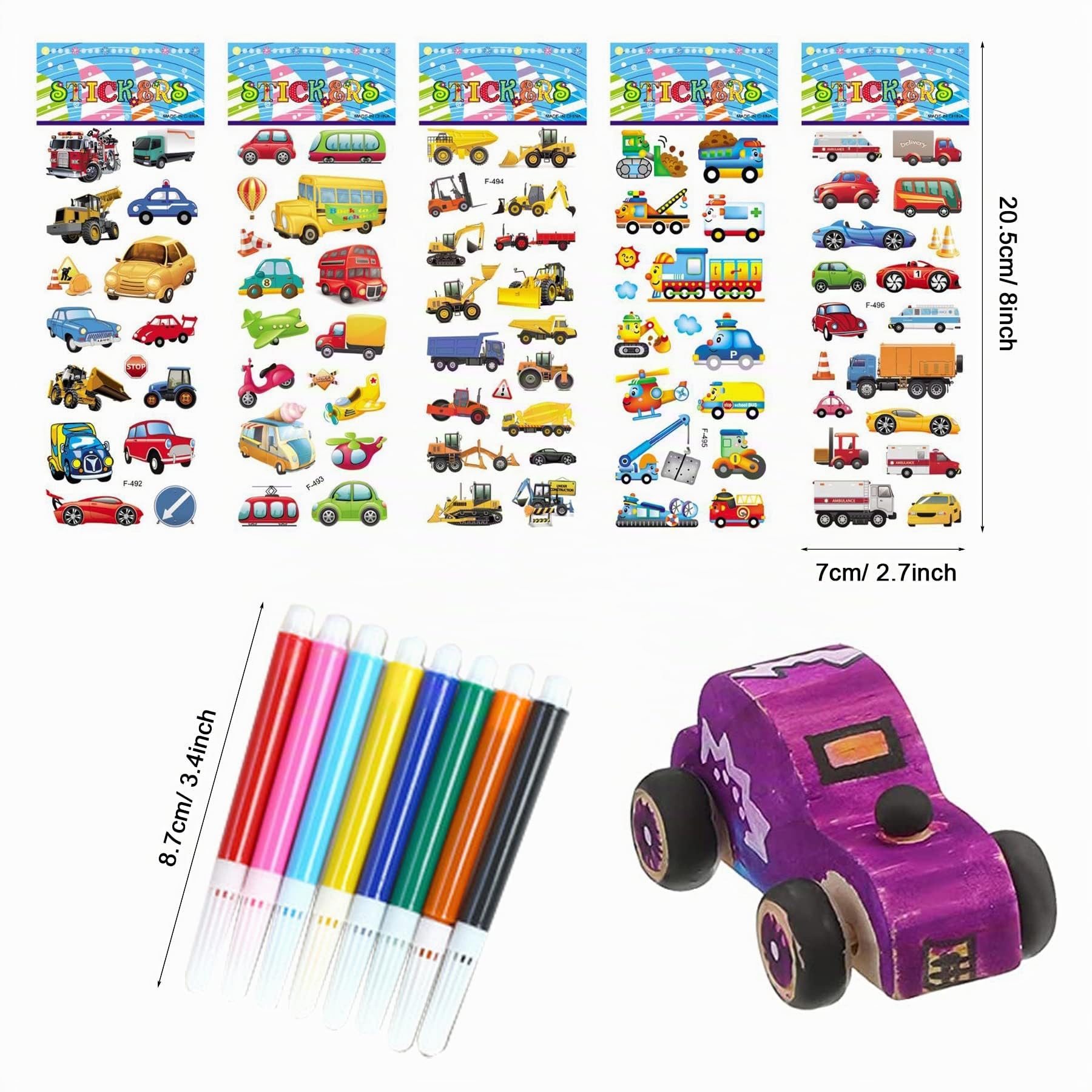 Allazone 12 PCS Voitures en Bois Inachevées, Voiture de Bricolage en Bois Mini Bricolage avec Autocollant, Stylo de Couleur pour Projets D'artisanat (Chariot 12PCS)