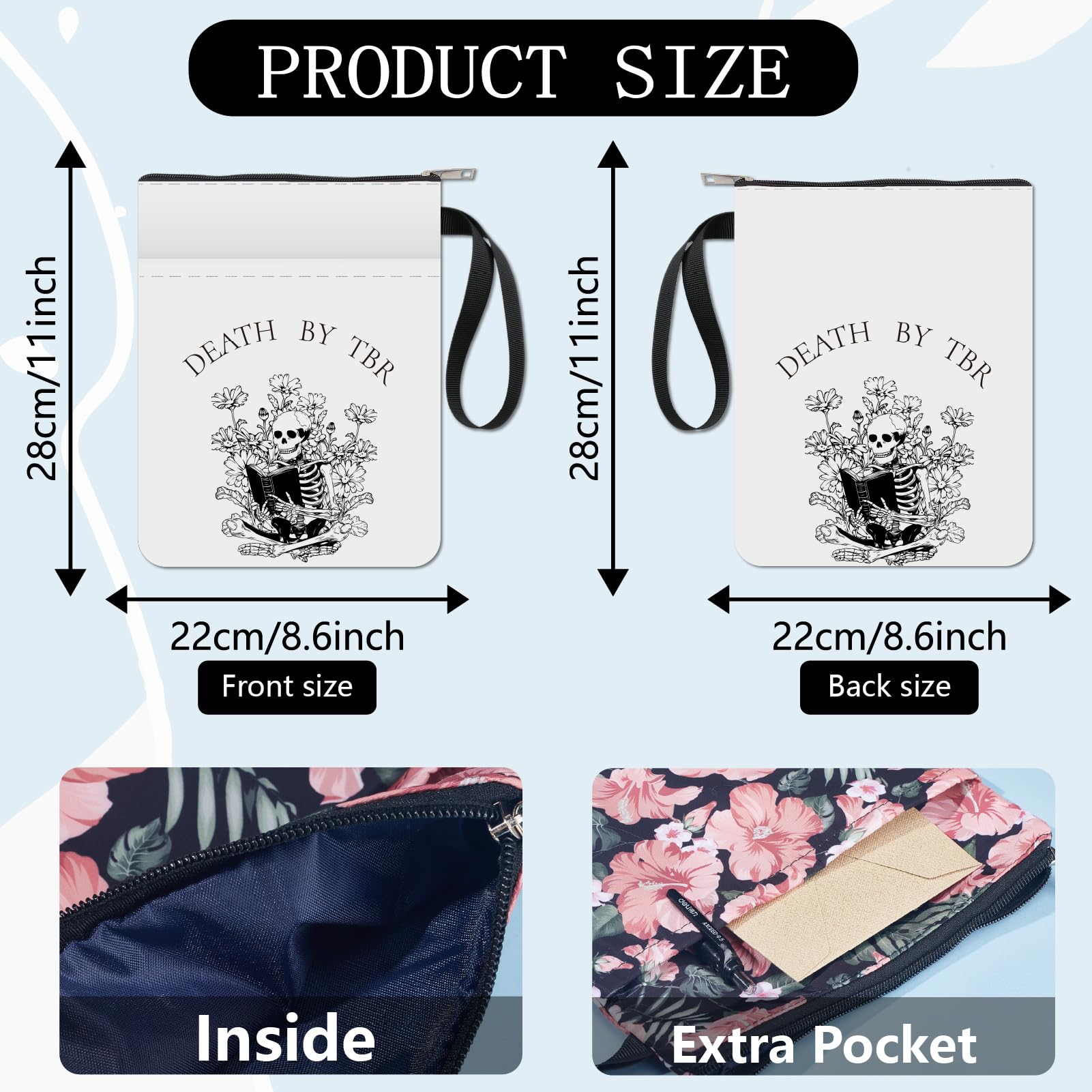 CRASPIRE Skeleton Book Sleeve Flower Book Protector Words Book Covers for Paperbacks Washable Fabric Cloth Book Cover with Zipper and Extra Sleeve Pocket for Book Lovers Classmate Halloween Gifts - Image 3