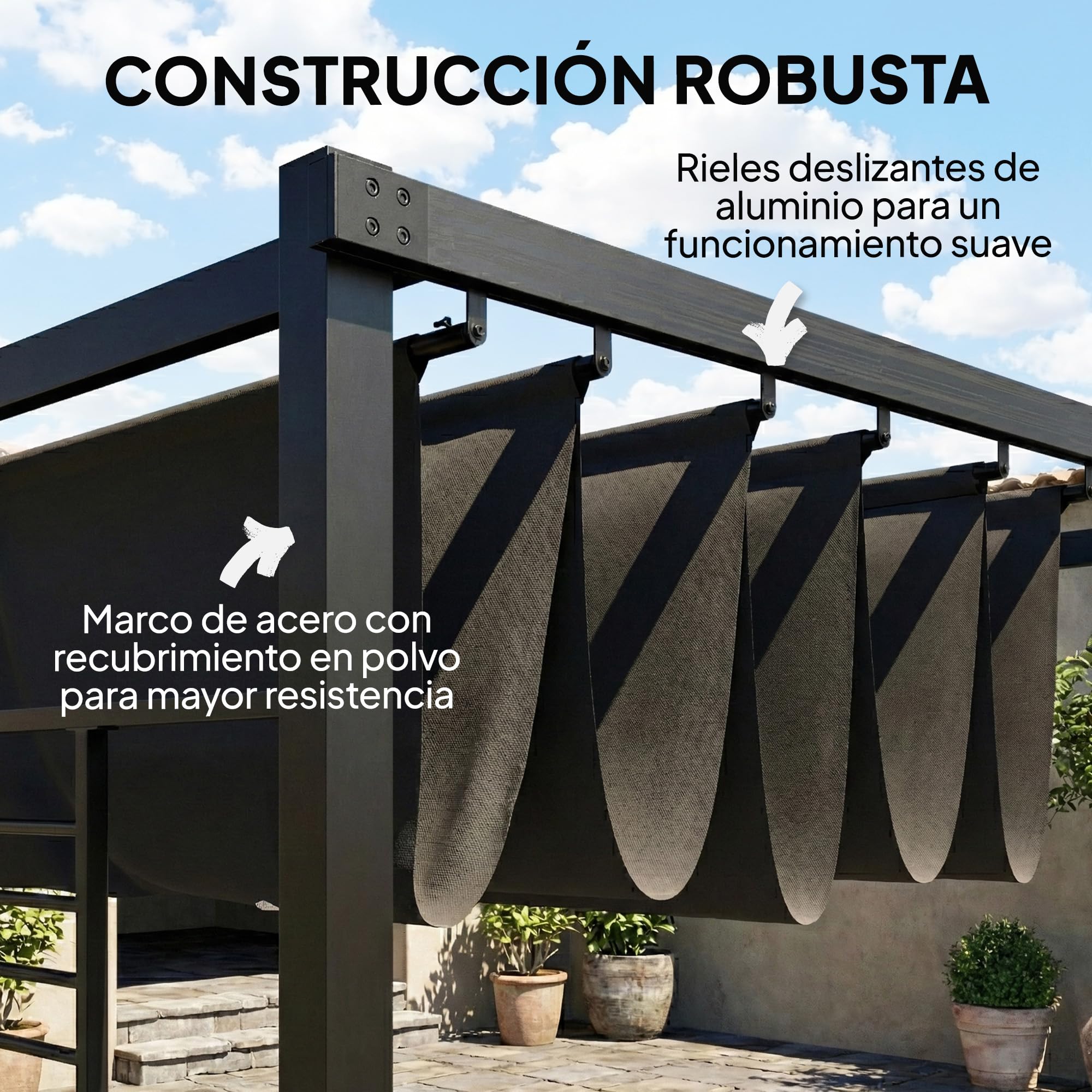 Outsunny Pérgola de Jardín 4x3 m con Techo Retráctil y 2 Paneles de Privacidad Fijos, Cenador de Jardín con Protección UPF50+, Drenaje, Estructura Metálica, Pabellón para Exterior, Gris Oscuro