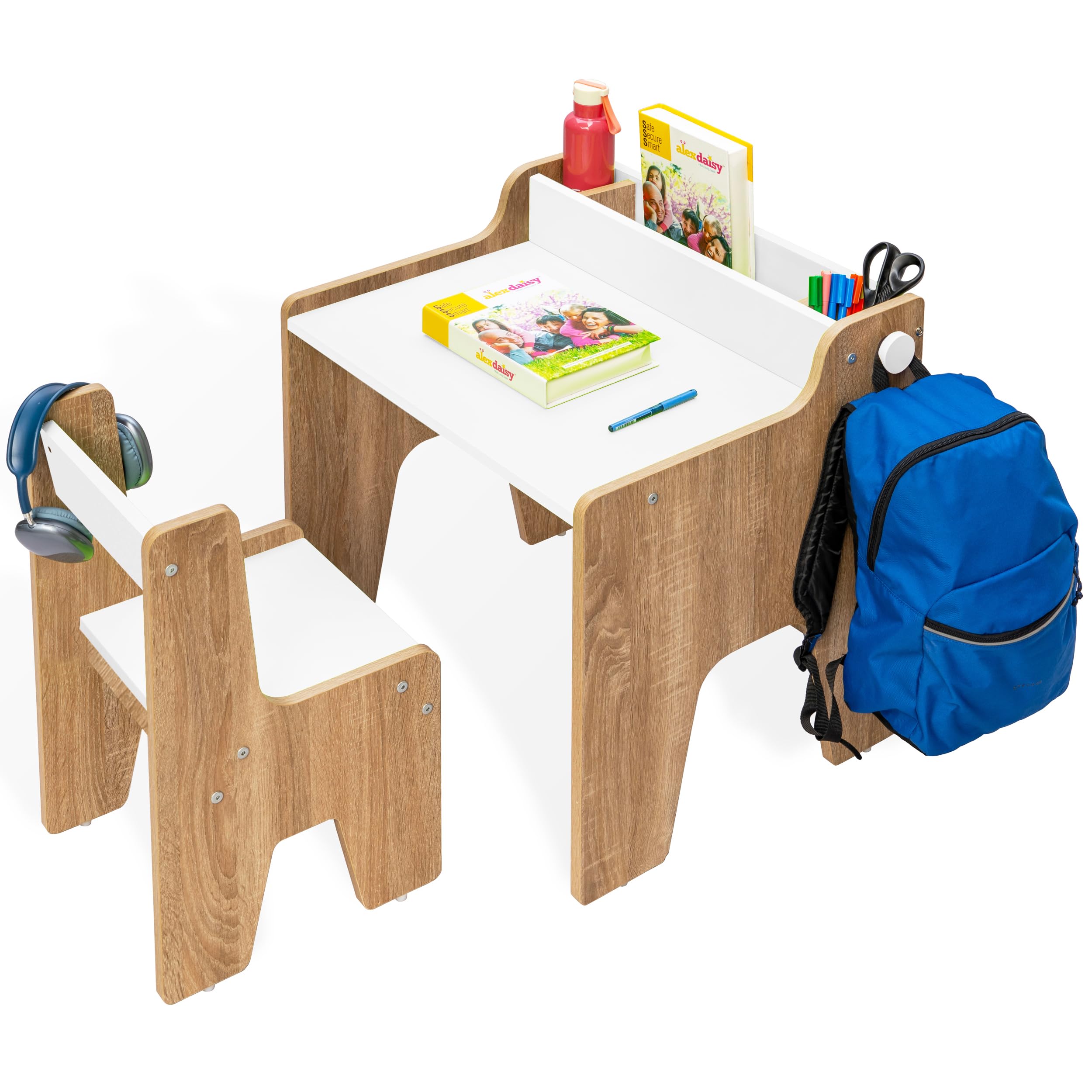Alex Daisy Norway Kids Study Table & Chair Set for 3–12 Years | Non-Toxic Safe Material | Soft Coated Premium Finish | Engineered Wood Kids Study Desk with Storage & Bag Hook (White) discount deal