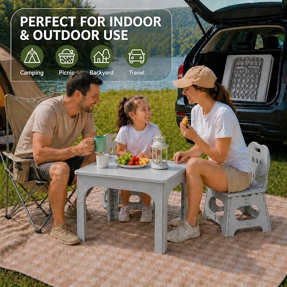 UNICOO Foldable Table and Chair Set, Height Adjustable Portable Activity Table with 2 Folding Chairs, Indoor Outdoor Kids Adults Table Set for Study, Crafts, Camping, Picnic, Snacks, Small Spaces