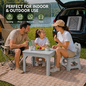 UNICOO Foldable Table and Chair Set, Height Adjustable Portable Activity Table with 2 Folding Chairs, Indoor Outdoor Kids Adults Table Set for Study, Crafts, Camping, Picnic, Snacks, Small Spaces