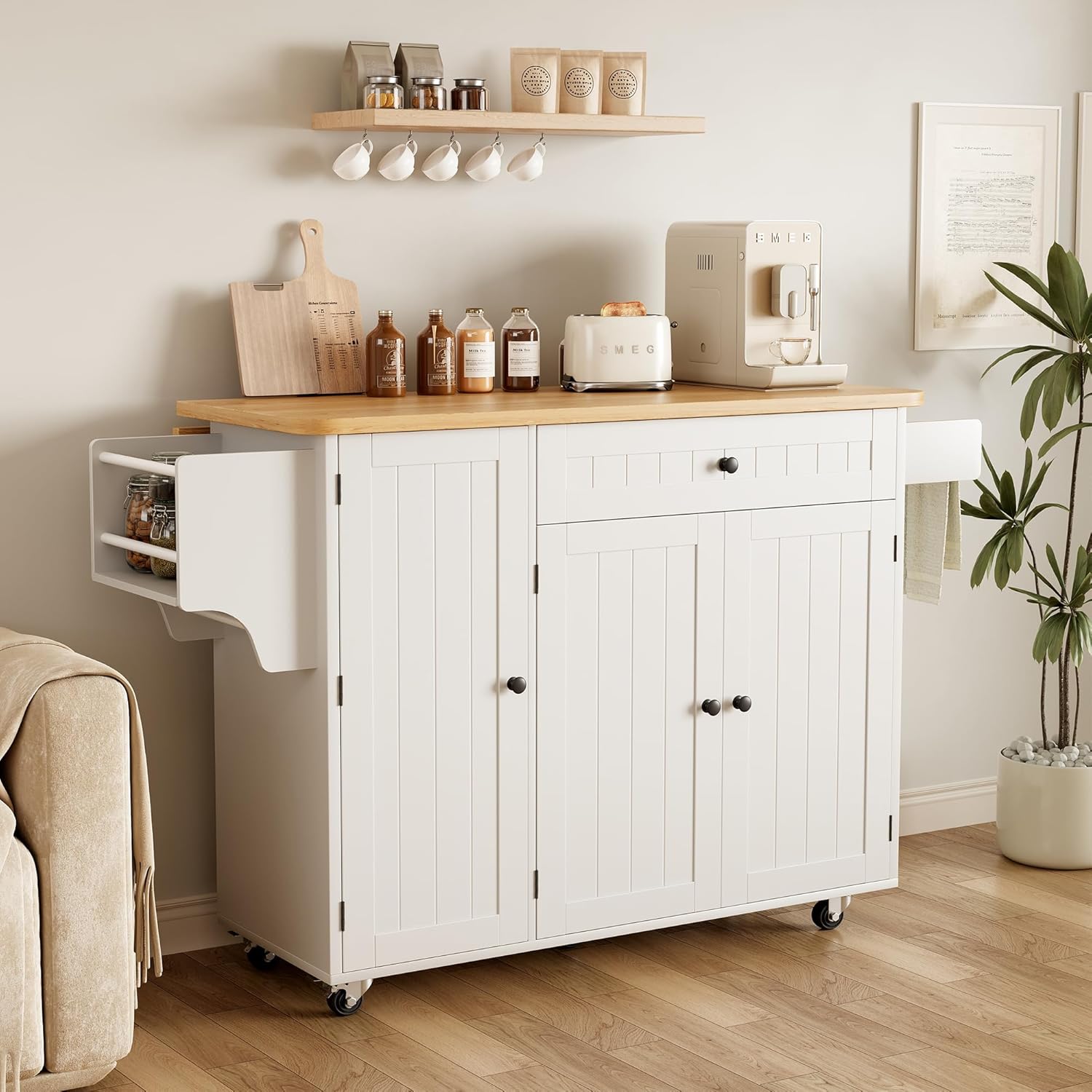 Kitchen Island with Storage, 41.7" Width Rolling Cart with Drawer, Rolling Kitchen Island on Wheels with Drop Leaf, Towel Rack, and Drawer, White, 41.7" L x 29.5" W