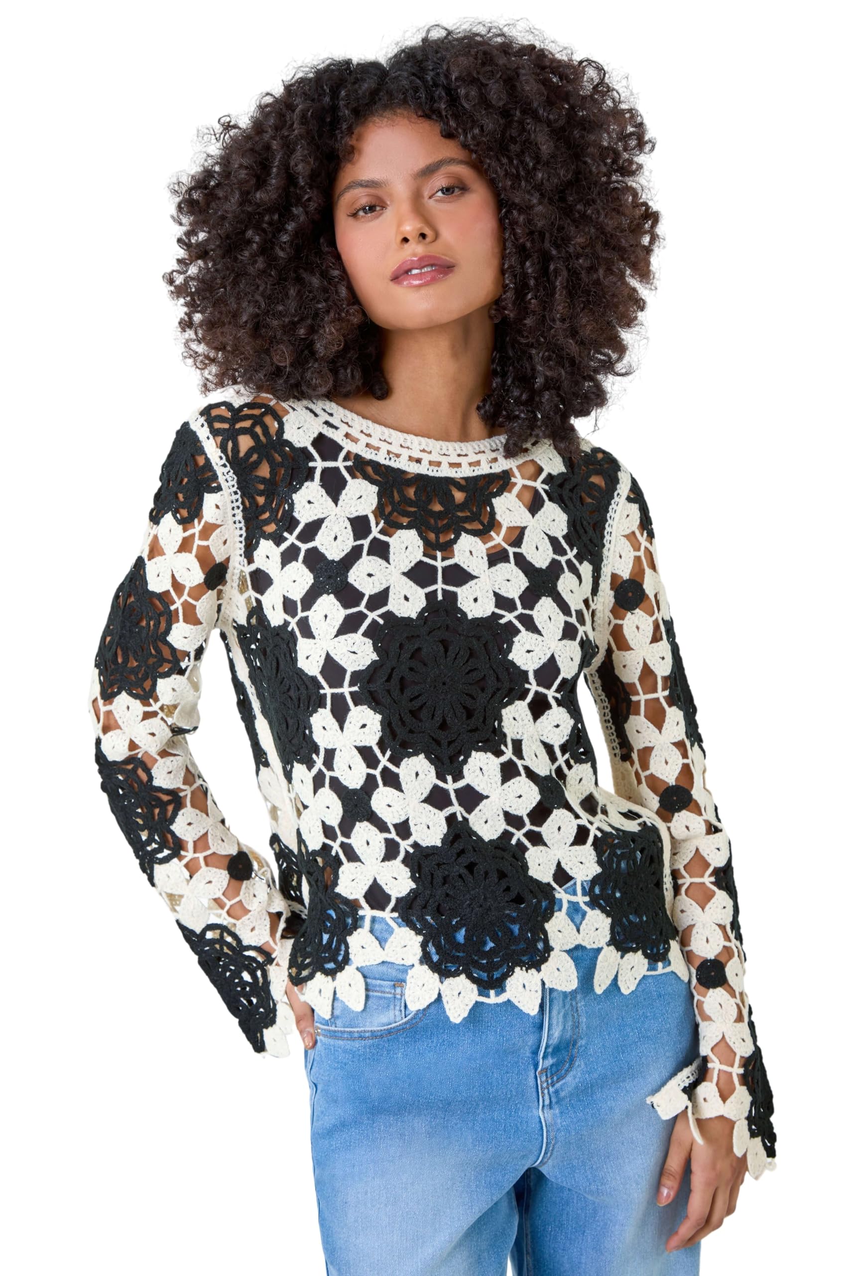 Dusk Fashion Crochet Knit Jumper for Women UK - Ladies Everyday Holiday Spring Summer Round Neckline Comfy Soft Evening Vacation Work Party - Black & White - Size L