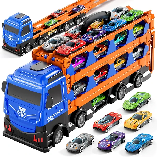 Ci Vetch 78-Inch Cars Trucks Toys for Toddlers 1-3 2-4 3-5 4-7 Years Old Boys Kids, Transport Truck with 24 Pcs Die-Cast Cars, Toy Gifts for 3 4 5 6 Year Old Boys, Toddler Gift Toys Ages 3-5 4-7