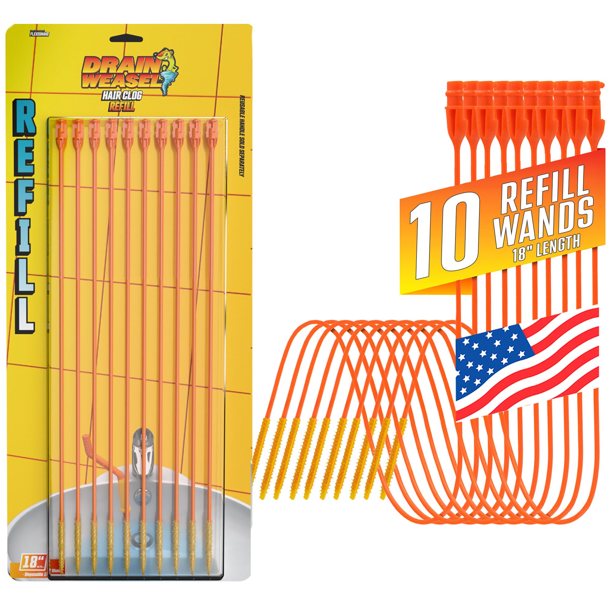 - FlexiSnake Drain Weasel Refill - Sink Snake Hair Clog Remover Tool, Sink, Pipe, Bathroom, Bathtub Drain Cleaner, 18-inch Long Flexible Disposable Wands, Made in The USA, 10 Pack