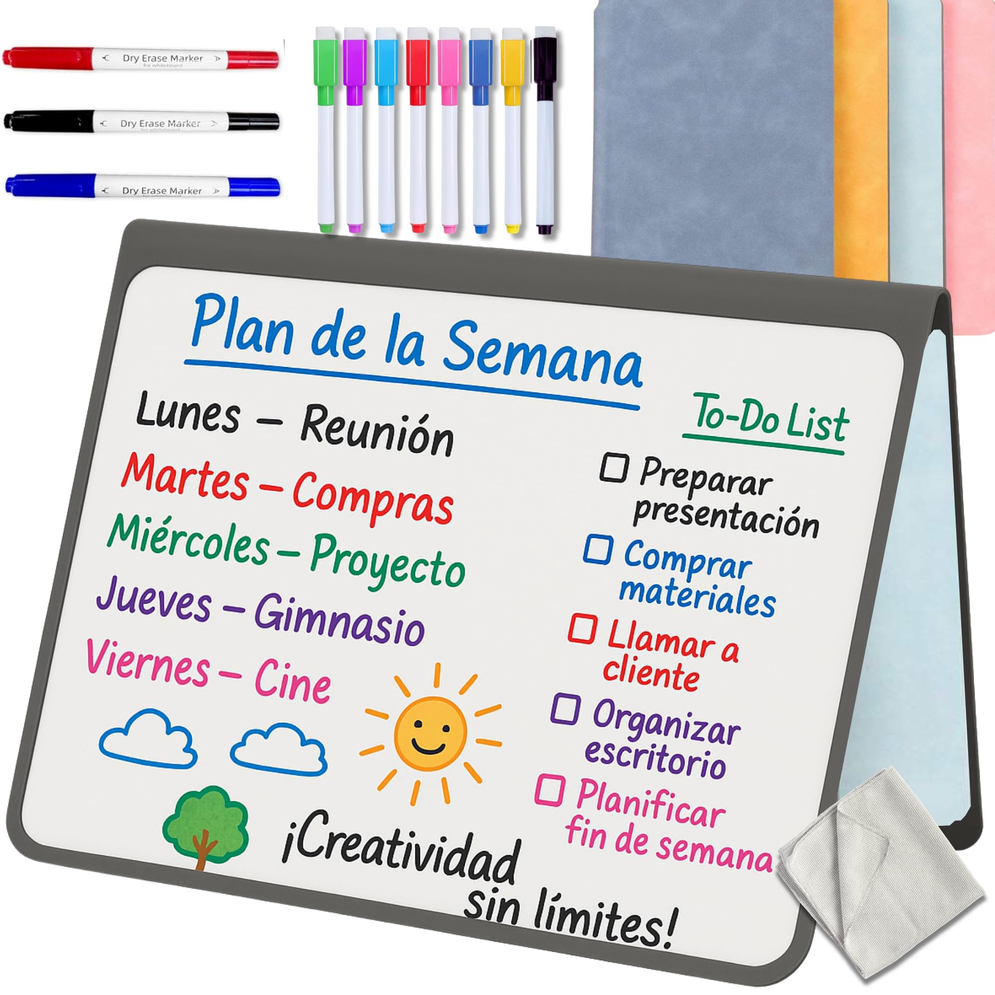MandA® PIZARRA BLANCA pequeña | CUADERNO Pizarra PLEGABLE, BORRABLE y PORTÁTIL | Pizarra MAGNÉTICA | 2 x A5 + 11 Rotuladores + Gamuza - Cuaderno de pizarra | INFANTIL | OFICINA | ESTUDIAR | Azul