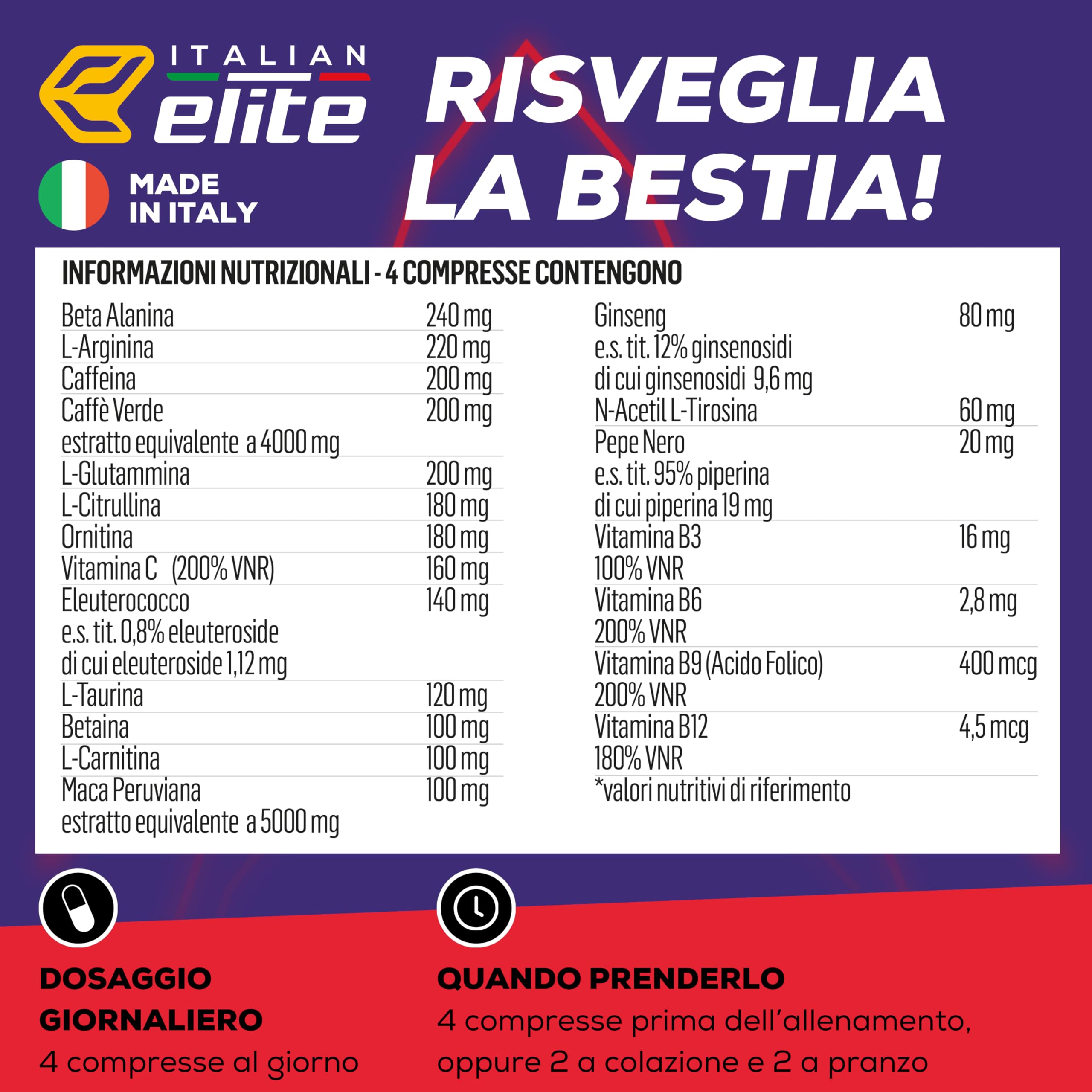 Italian Elite® Pre Workout Extreme, stimola Forza, Energia, Resistenza, Pump Muscolare e Focus Mentale per l'allenamento. 120 cpr con Beta Alanina Arginina Caffeina Glutammina Carnitina Vitamine