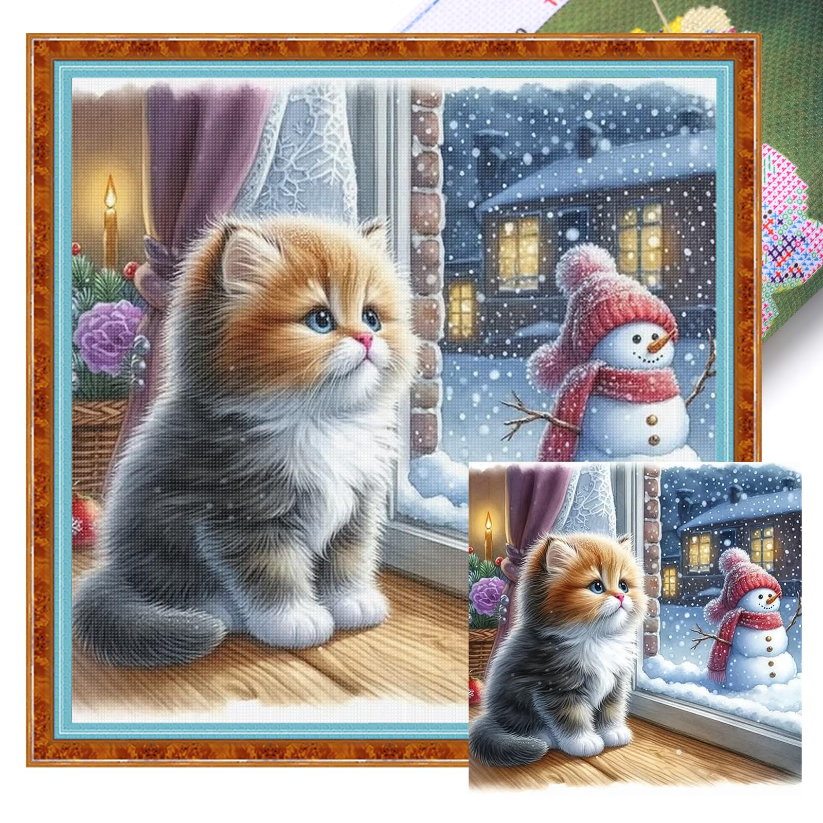 Poetrydraw Kitten And Snowman B Kitten And Snowman Full 11Ct 3 Strands Diy Stamped Cross Stitch Kits 40X40cm (B) (Kitten And Snowman B)