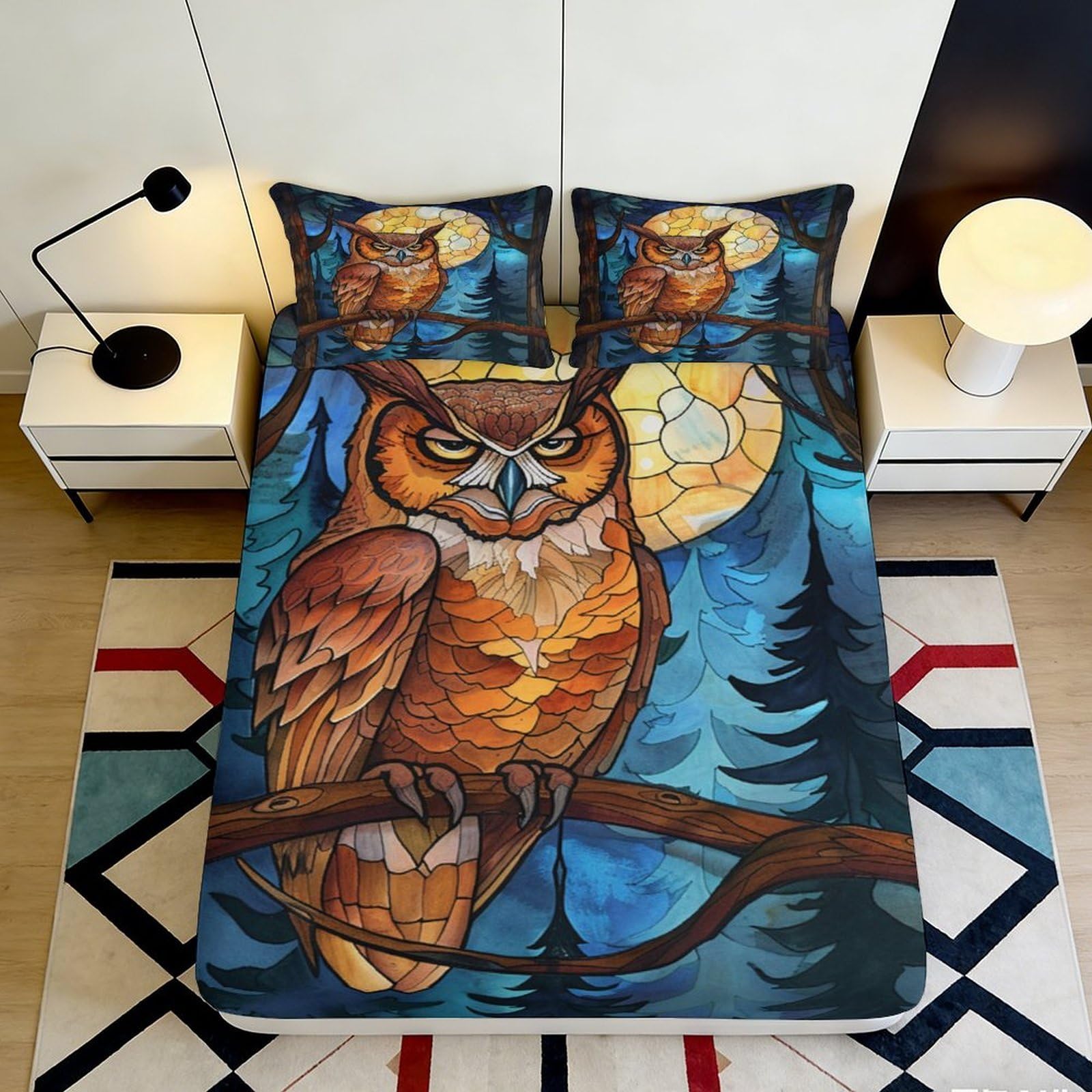 3D Printed Owl Forest Fitted Sheet Microfiber Soft Breathable Moon Night Bed Cover for Bedroom Dorm Decor 90x200x25cm