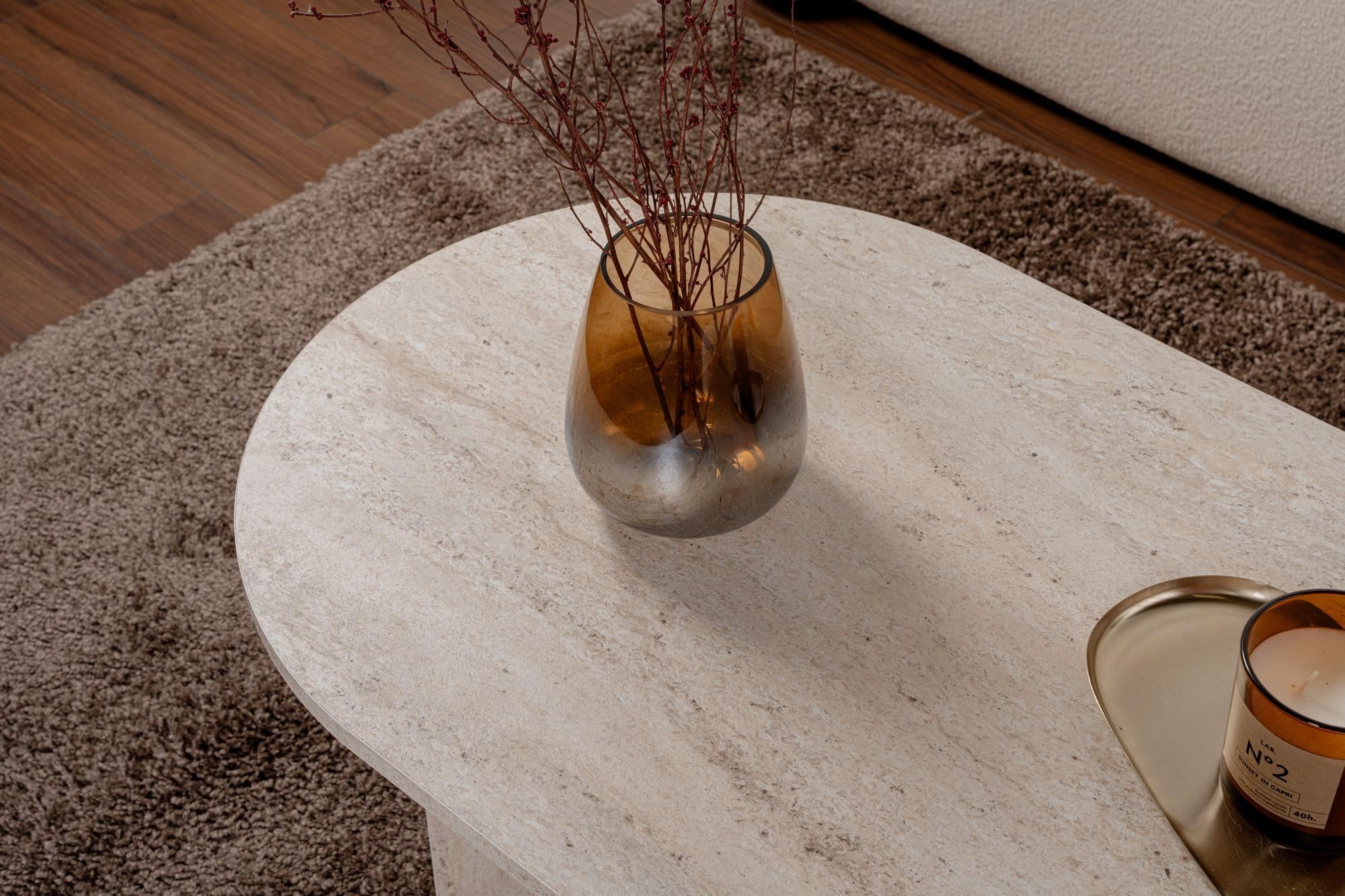 Eleganter Couchtisch, Travertine-Farbe, 119 x 39,8 x 60 cm | 100% melaminbeschichtete Spanplatte, 18 mm Stärke | stilvolles Marmordesign für Moderne Wohnräume