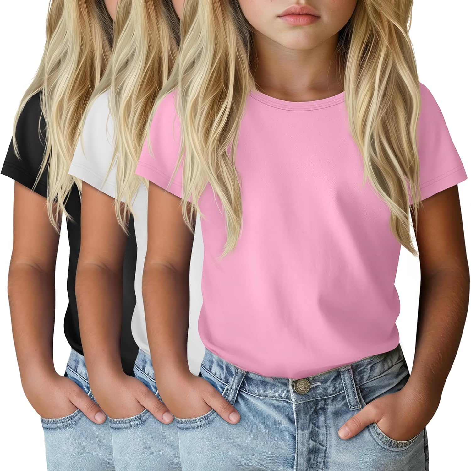3 Pack Girls' Short Sleeve Shirts Kids Crew Neck Summer Tees Solid Casual Basic Teen Tops 5-14 Years