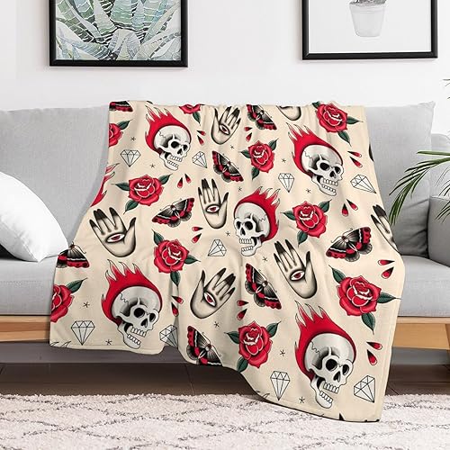 Skull Blanket Throw Decor Gifts for Women Super Soft Flannel Fleece Cozy Balck B