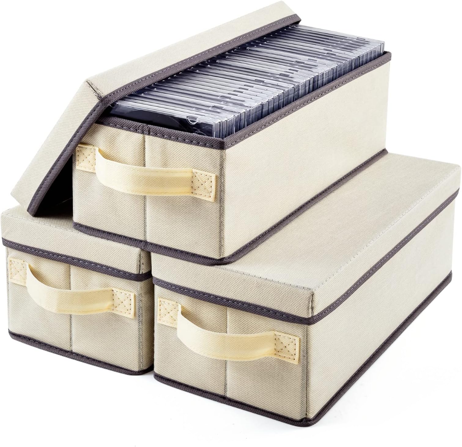 HATTERTOP CD Storage Box Set of 3, DVD Storage Case 14.2 x 6.3 x 5.5 Inch CD Case Storage with Lids & Handles to Store up to 165 Discs for Car Travel Home - Beige
